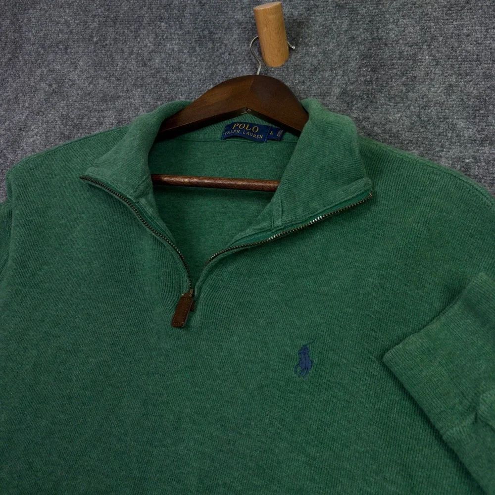 Polo Ralph Lauren Pullover Mens L Green Quarter Zip Cotton Knit Sweater Classic